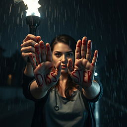 A somber scene featuring a woman standing in the rain, holding a flickering torch high above her head