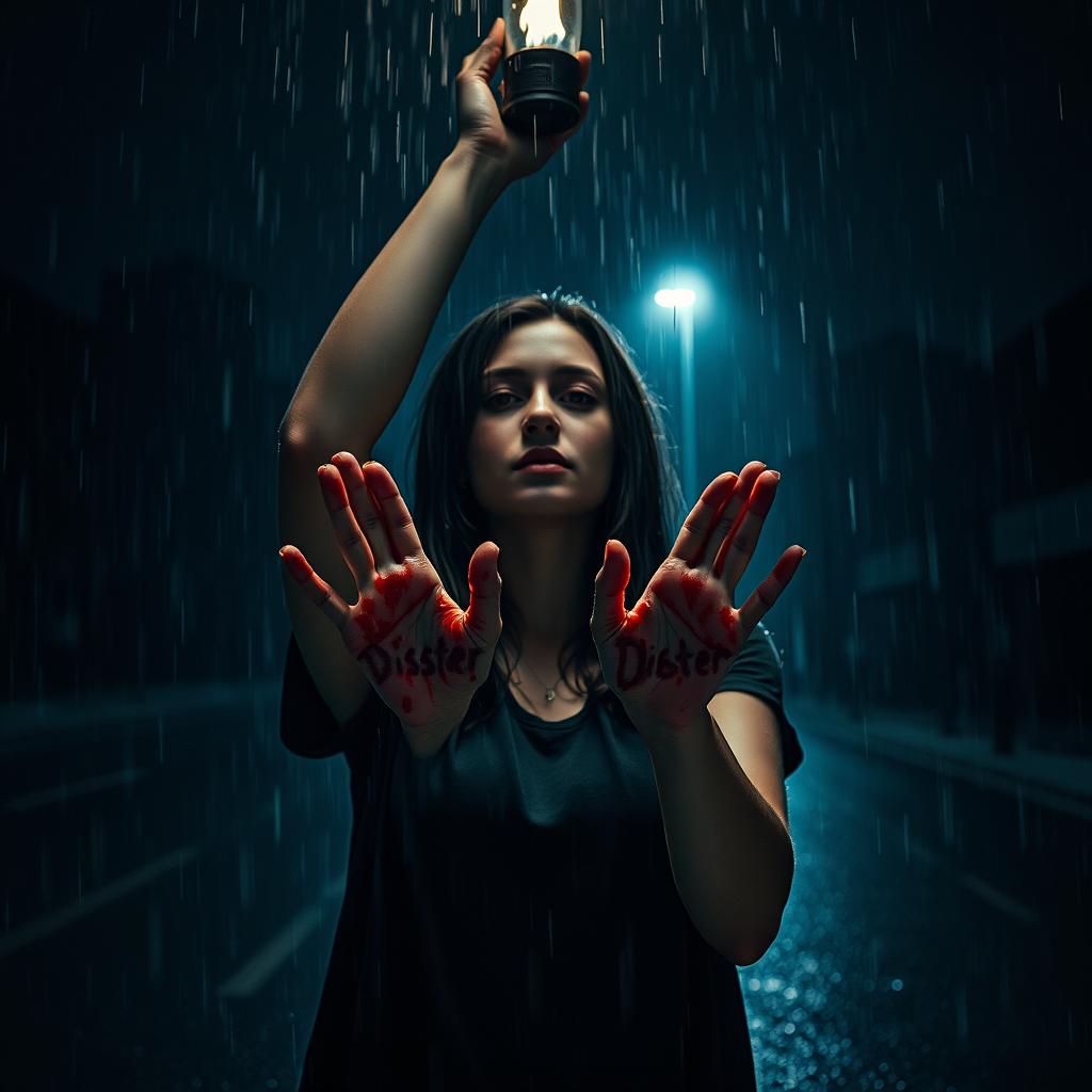 A somber scene featuring a woman standing in the rain, holding a flickering torch high above her head