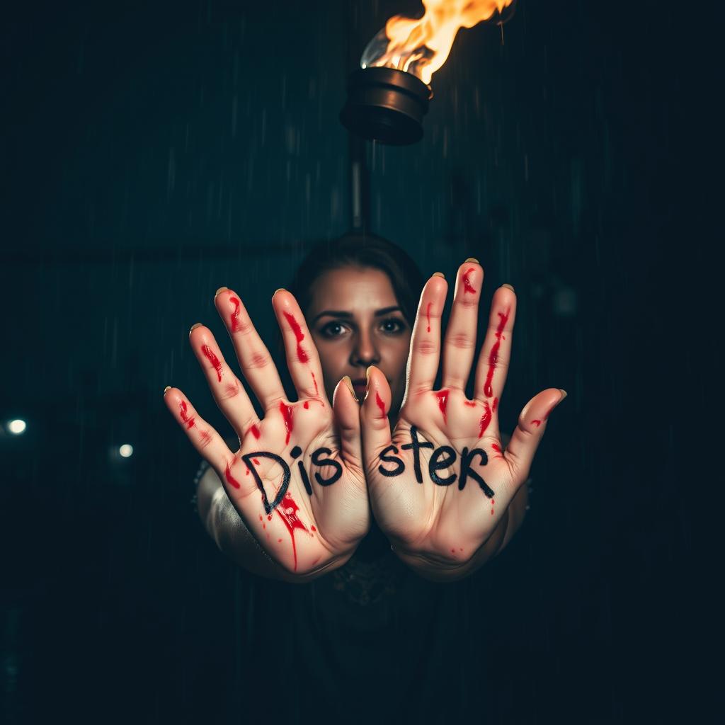 A somber scene featuring a woman standing in the rain, holding a flickering torch high above her head