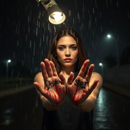 A somber scene featuring a woman standing in the rain, holding a flickering torch high above her head