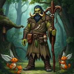 A full-body illustration of a male half-orc druid character from Dungeons and Dragons