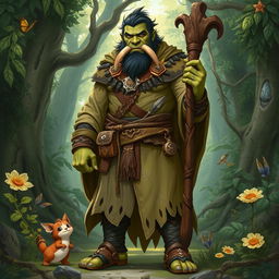 A full-body illustration of a male half-orc druid character from Dungeons and Dragons