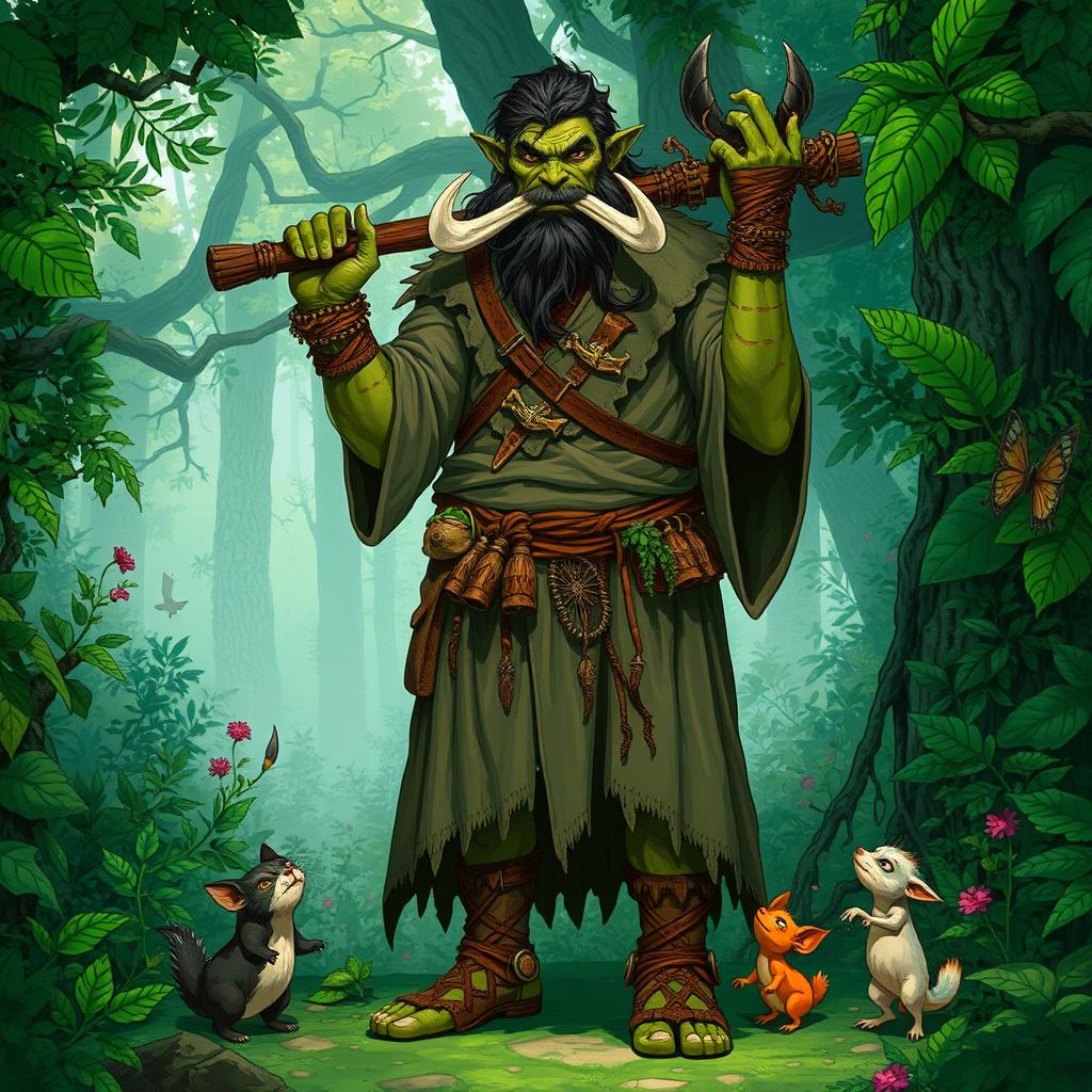 A full-body illustration of a male half-orc druid character from Dungeons and Dragons