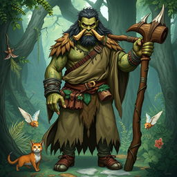 A full-body illustration of a male half-orc druid character from Dungeons and Dragons