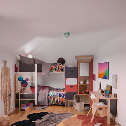 A simple but aesthetic bedroom designed for three teenagers, featuring shared and individual spaces, with trendy and colorful furniture.