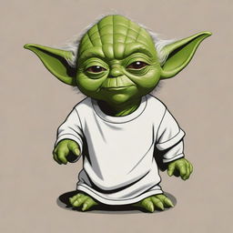 A cartoon-style Yoda from Star Wars depicted on a casual T-shirt. Yoda is in a playful, dynamic pose exemplifying his wise but mischievous character.