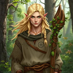 A male half-elf druid with flowing blonde hair and vibrant green eyes, dressed in earthy-toned clothing with intricate patterns inspired by nature