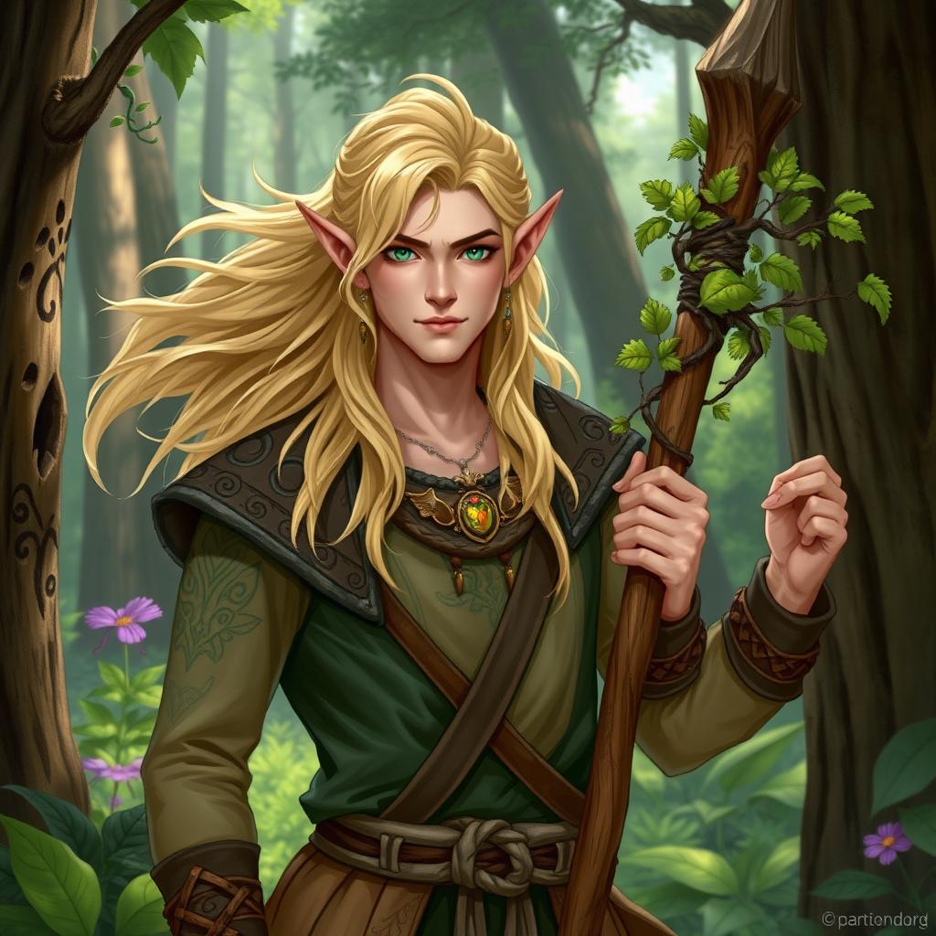 A male half-elf druid with flowing blonde hair and vibrant green eyes, dressed in earthy-toned clothing with intricate patterns inspired by nature