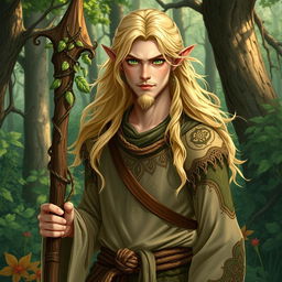 A male half-elf druid with flowing blonde hair and vibrant green eyes, dressed in earthy-toned clothing with intricate patterns inspired by nature