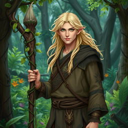 A male half-elf druid with flowing blonde hair and vibrant green eyes, dressed in earthy-toned clothing with intricate patterns inspired by nature