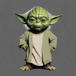 A cartoon-style Yoda from Star Wars depicted on a casual T-shirt. Yoda is in a playful, dynamic pose exemplifying his wise but mischievous character.