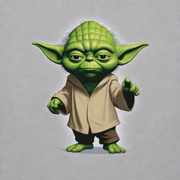 A cartoon-style Yoda from Star Wars depicted on a casual T-shirt. Yoda is in a playful, dynamic pose exemplifying his wise but mischievous character.