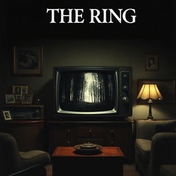 A dramatic poster centered around an old television set, which ominously displays a haunting image of a dark forest or an abandoned house from 'The Ring