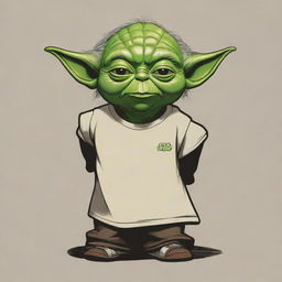 A cartoon-style Yoda from Star Wars depicted on a casual T-shirt. Yoda is in a playful, dynamic pose exemplifying his wise but mischievous character.