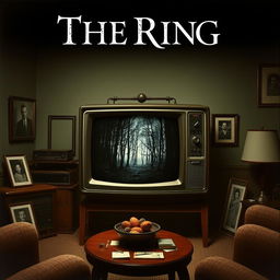 A dramatic poster centered around an old television set, which ominously displays a haunting image of a dark forest or an abandoned house from 'The Ring