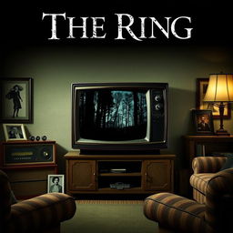 A dramatic poster centered around an old television set, which ominously displays a haunting image of a dark forest or an abandoned house from 'The Ring