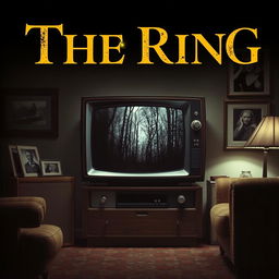 A dramatic poster centered around an old television set, which ominously displays a haunting image of a dark forest or an abandoned house from 'The Ring