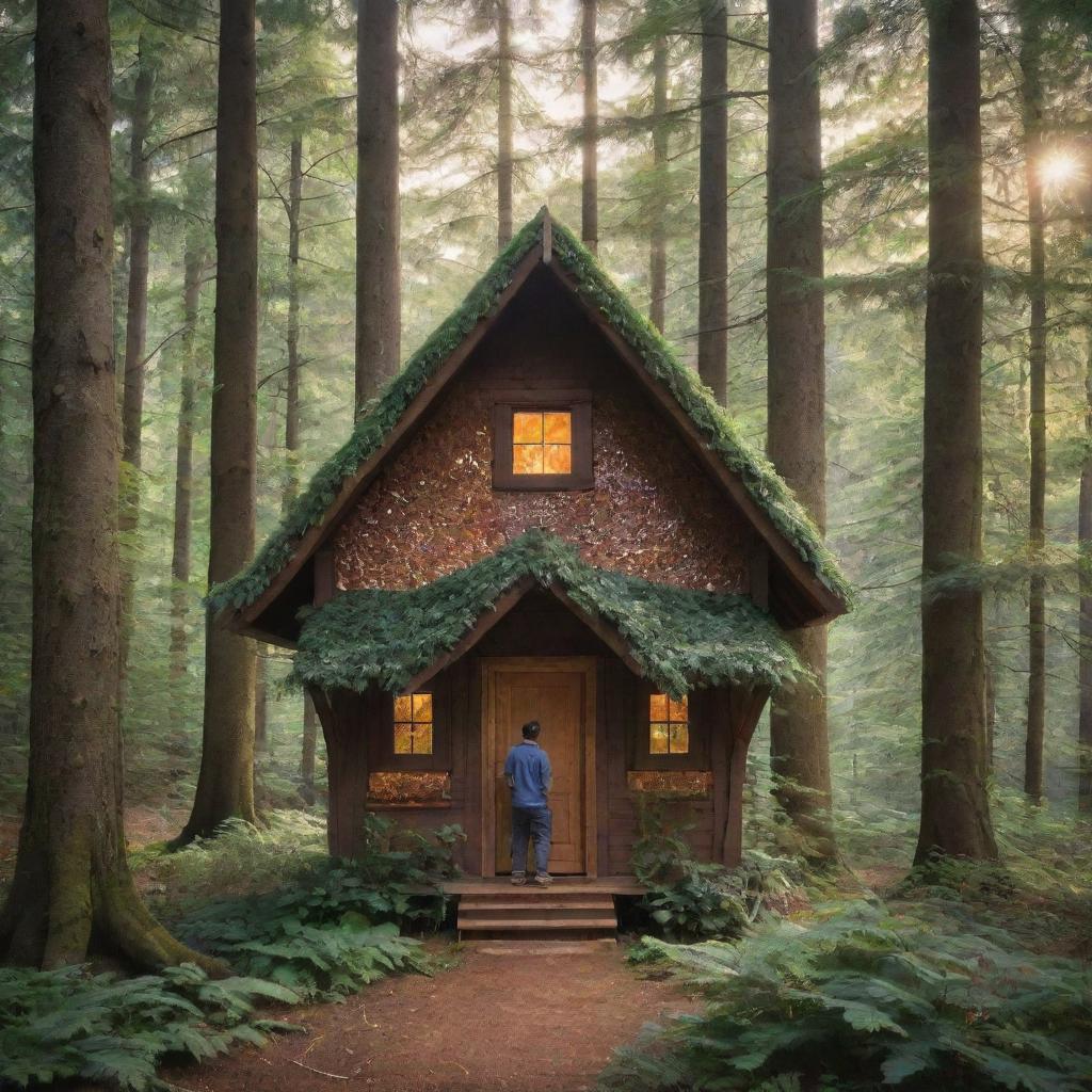 A minuscule man comfortably nestled beside a tiny house beneath a canopy of majestic, embracing trees. The forest's foliage filters the sunlight to create a mosaic of shimmering light on the forest floor.