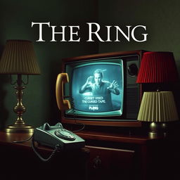 A haunting poster featuring a vintage telephone off the hook, symbolizing a moment of suspense, positioned next to an old-fashioned television set