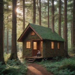 A minuscule man comfortably nestled beside a tiny house beneath a canopy of majestic, embracing trees. The forest's foliage filters the sunlight to create a mosaic of shimmering light on the forest floor.