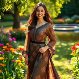 An elegant and stylish woman wearing a flowing traditional dress, adorned with intricate patterns, standing gracefully in a vibrant garden filled with colorful flowers