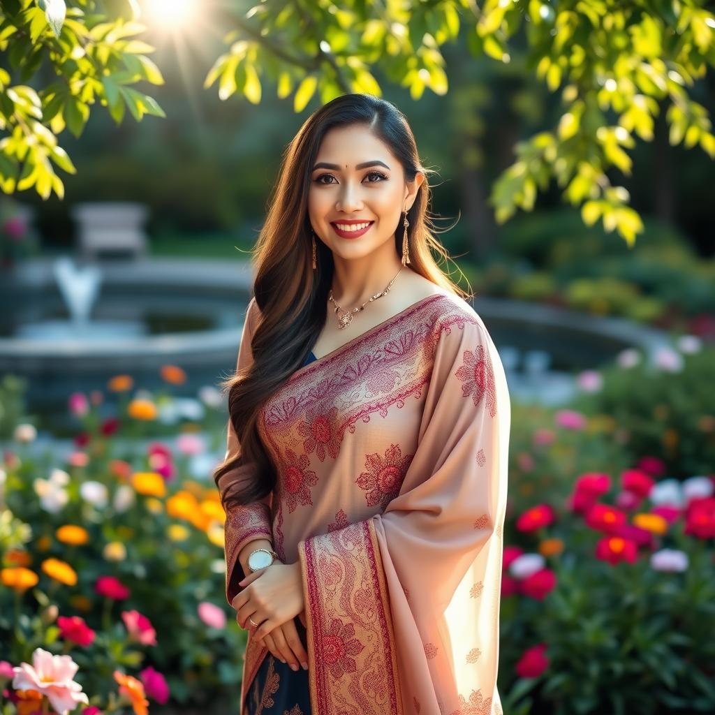 An elegant and stylish woman wearing a flowing traditional dress, adorned with intricate patterns, standing gracefully in a vibrant garden filled with colorful flowers