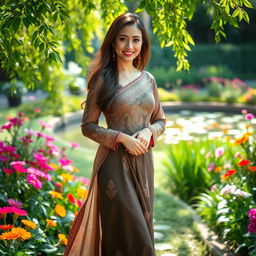 An elegant and stylish woman wearing a flowing traditional dress, adorned with intricate patterns, standing gracefully in a vibrant garden filled with colorful flowers