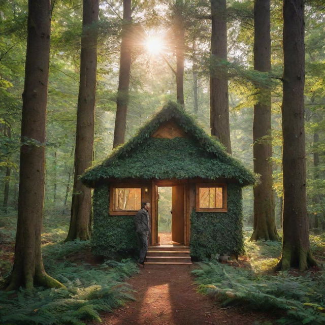 A minuscule man comfortably nestled beside a tiny house beneath a canopy of majestic, embracing trees. The forest's foliage filters the sunlight to create a mosaic of shimmering light on the forest floor.