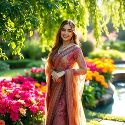 An elegant and stylish woman wearing a flowing traditional dress, adorned with intricate patterns, standing gracefully in a vibrant garden filled with colorful flowers