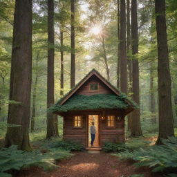 A minuscule man comfortably nestled beside a tiny house beneath a canopy of majestic, embracing trees. The forest's foliage filters the sunlight to create a mosaic of shimmering light on the forest floor.