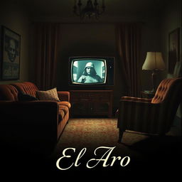 A captivating poster featuring a 1950s living room dominated by an antique television that is turned on, displaying an enigmatic image related to 'El Aro