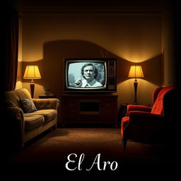 A captivating poster featuring a 1950s living room dominated by an antique television that is turned on, displaying an enigmatic image related to 'El Aro