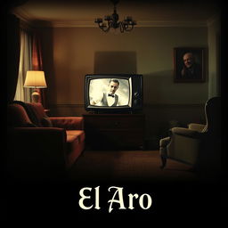 A captivating poster featuring a 1950s living room dominated by an antique television that is turned on, displaying an enigmatic image related to 'El Aro