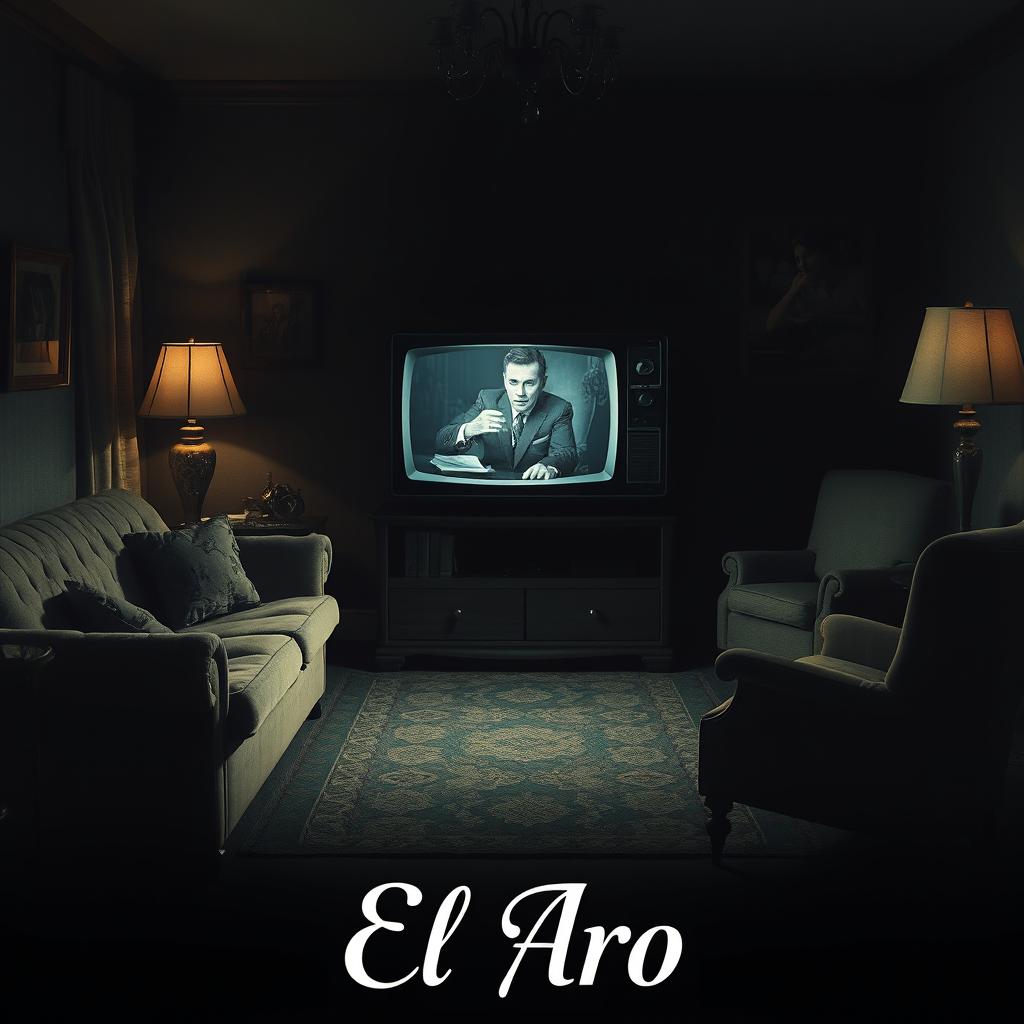 A captivating poster featuring a 1950s living room dominated by an antique television that is turned on, displaying an enigmatic image related to 'El Aro