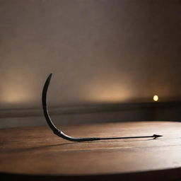 A black bow and arrow set neatly displayed on a wooden table under soft lighting.