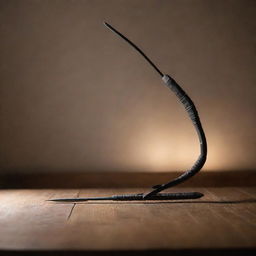 A black bow and arrow set neatly displayed on a wooden table under soft lighting.