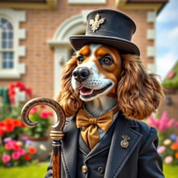 An anthropomorphic spaniel dressed in a mayor's outfit, including a formal suit, top hat, and holding a cane