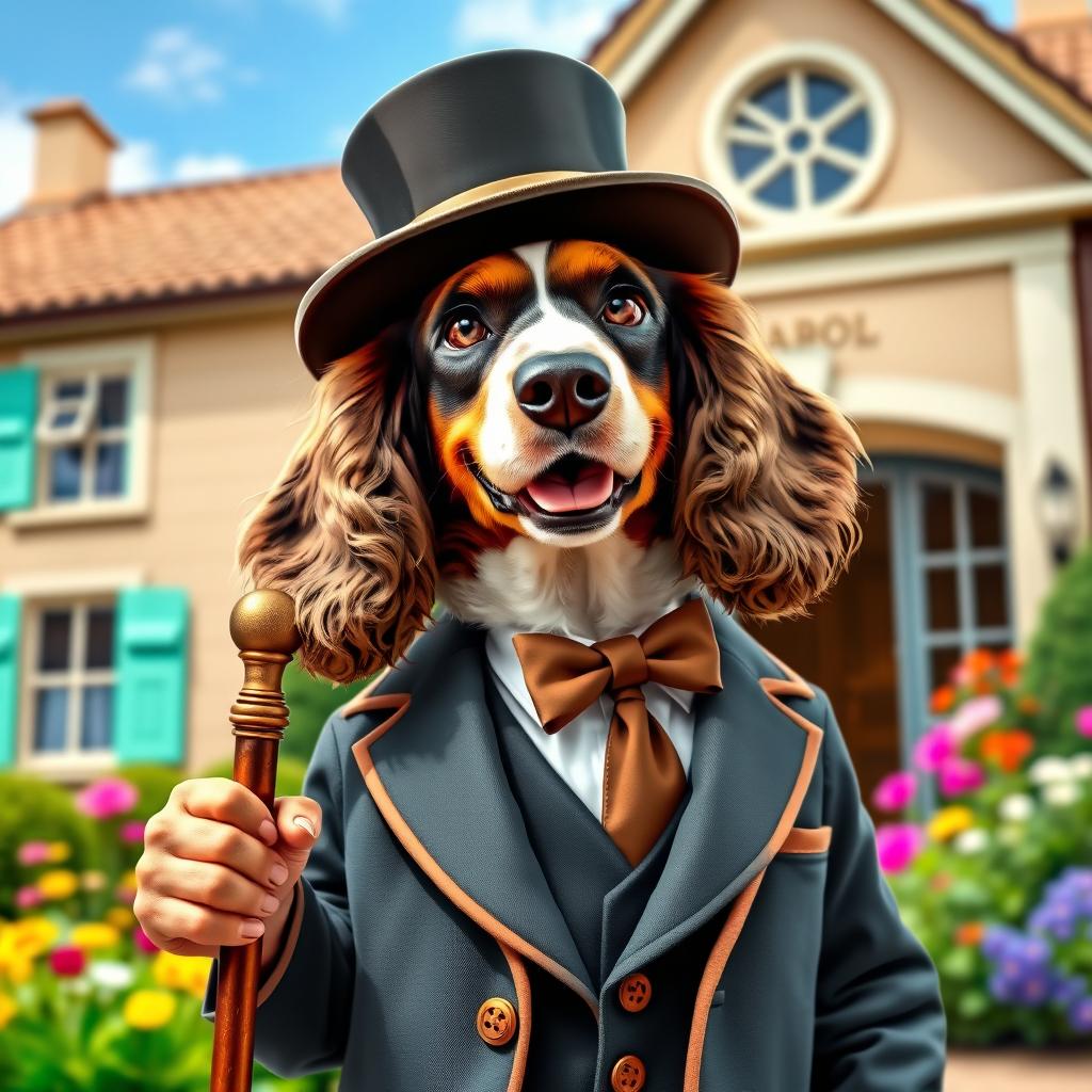 An anthropomorphic spaniel dressed in a mayor's outfit, including a formal suit, top hat, and holding a cane