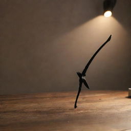 A black bow and arrow set neatly displayed on a wooden table under soft lighting.