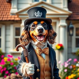 An anthropomorphic spaniel dressed in a mayor's outfit, including a formal suit, top hat, and holding a cane