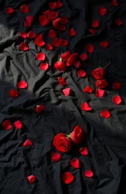 An erotic romance scene featuring a wrinkled bed sheet in a combination of deep black and rich red colors