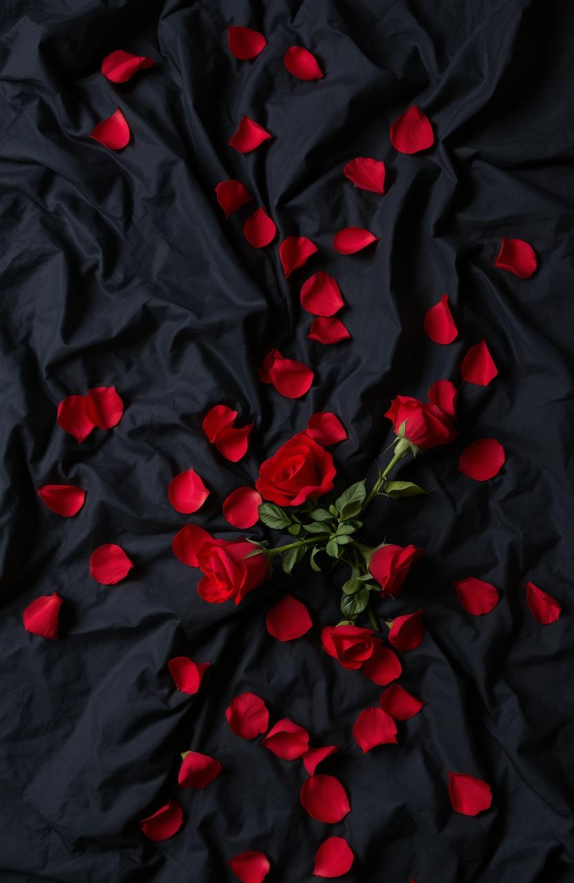 An erotic romance scene featuring a wrinkled bed sheet in a combination of deep black and rich red colors