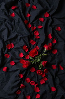 An erotic romance scene featuring a wrinkled bed sheet in a combination of deep black and rich red colors