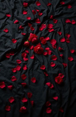 An erotic romance scene featuring a wrinkled bed sheet in a combination of deep black and rich red colors