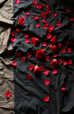 An erotic romance scene featuring a wrinkled bed sheet in a combination of deep black and rich red colors