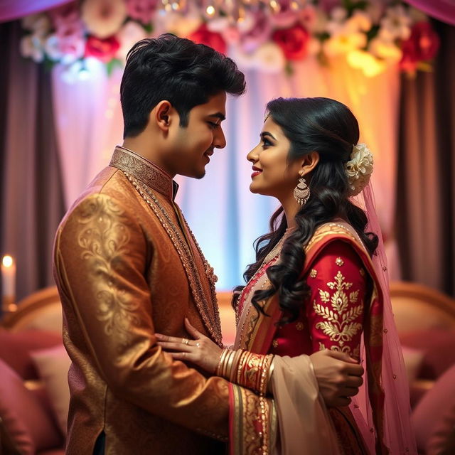 A passionate and romantic scene featuring a young South Asian couple in a cozy, intimate setting