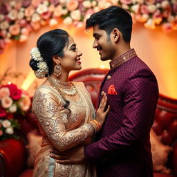 A passionate and romantic scene featuring a young South Asian couple in a cozy, intimate setting