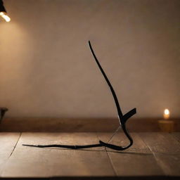 A black bow and arrow set neatly displayed on a wooden table under soft lighting.