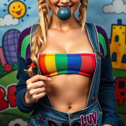 A close-up torso shot of a gorgeous blonde female model with pigtails featuring colorful tips