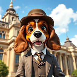 An anthropomorphic spaniel character dressed in a vintage government outfit, complete with a tailored suit and a bowler hat